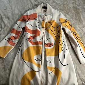 SHEIN Abstract Face Print Coat - Cream, Orange, Yellow